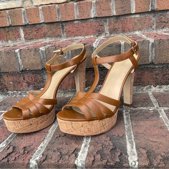 Michael Michael Kors Brown Leather Strappy Cork Heeled Platform Sandals Size 11M - Picture 5 of 15